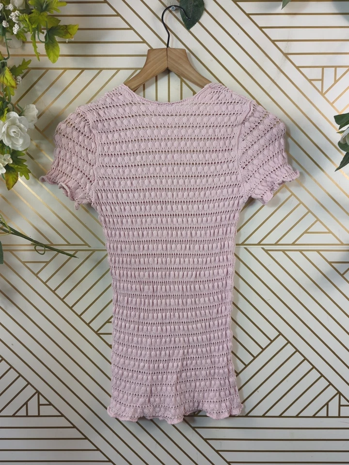 Top tejido WOW Couture cuello en V manga corta ajustado ROSA TALLA mediana Y2K Foto 4 de 4