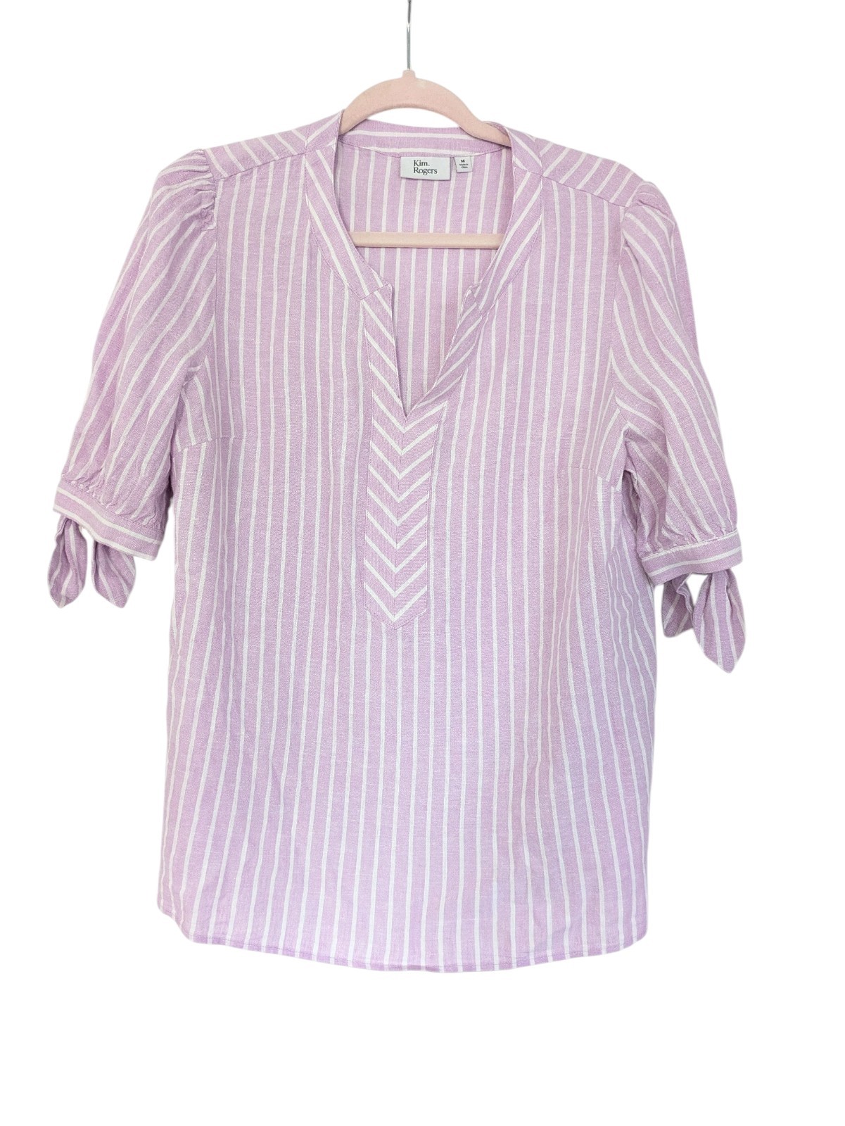 Kim Rogers Linen Blend Top Womens Lavender Tie Sleeve Shirt Striped Size M