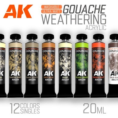 AK Interactive: Water-based Weathering Paint - GOUACHE - Singles 12 Colors