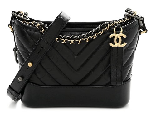 Chanel Gabrielle Hobo Bag Chevron Aged Calfskin Black Small GHW 100% Auth w COA