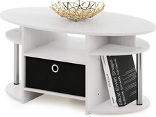 Jaya Simple Design Oval Coffee Table W/ Bin Living Room White Oak/Chrome/Black