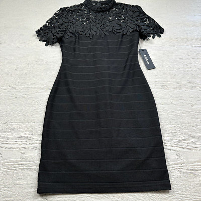 Bebe Dress Womens 6 Black A Line Embroidered High Neck Casual Lined NWT