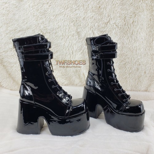 Camel 250 Apilada Negra Patente Plataforma Gótica Punk Becerro Bota EN STOCK NY DEMONIA - Imagen 3 de 12