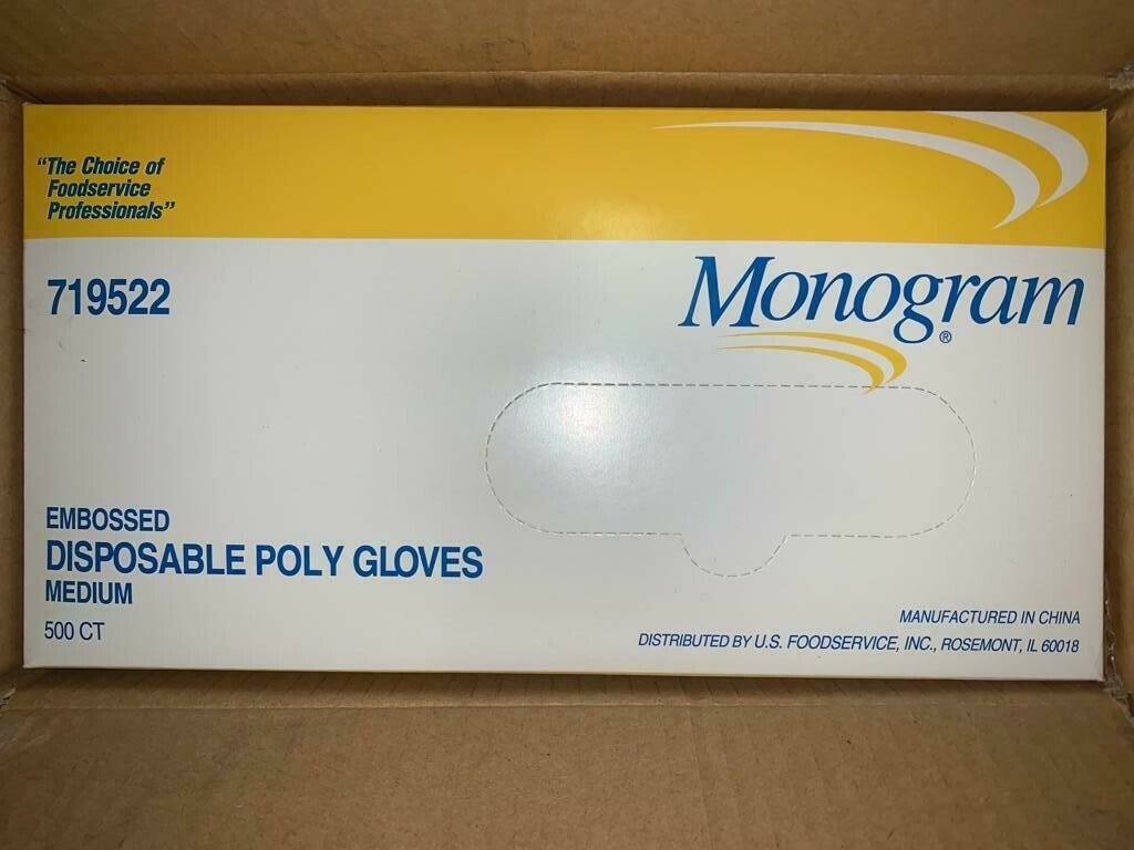 (500 pc) Monogram Embossed Poly Gloves Food Grade MEDIUM Disposable