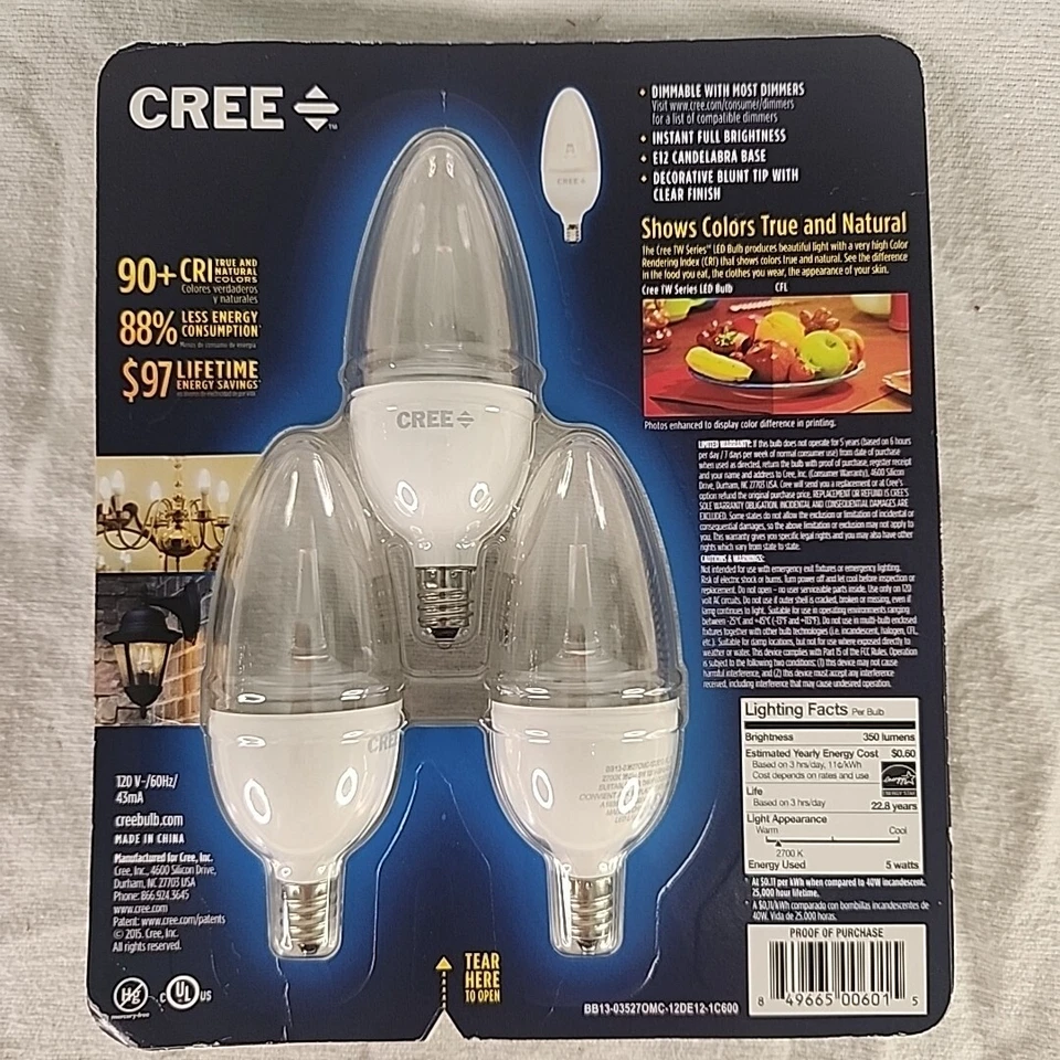 Candelabra Bulbs 3 Pack E12 LED 40W Dimmable 120V True Color Chandelier - Image 2 of 4