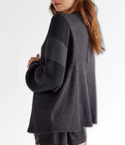Free People We the Free Callisto Oversized Waffelstrick Top Washed Schwarz Gr. S - Bild 7 von 8
