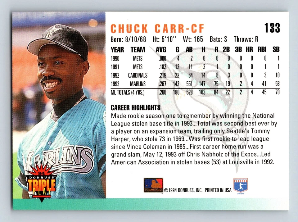 Chuck Carr 1994 Triple Play #133 Florida Marlins - Image 2 of 2