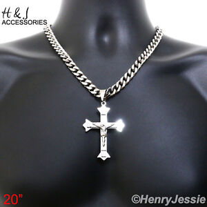 30"MEN Stainless Steel 9x4mm Silver Cuban Curb Necklace JESUS Cross Pendant*J1 