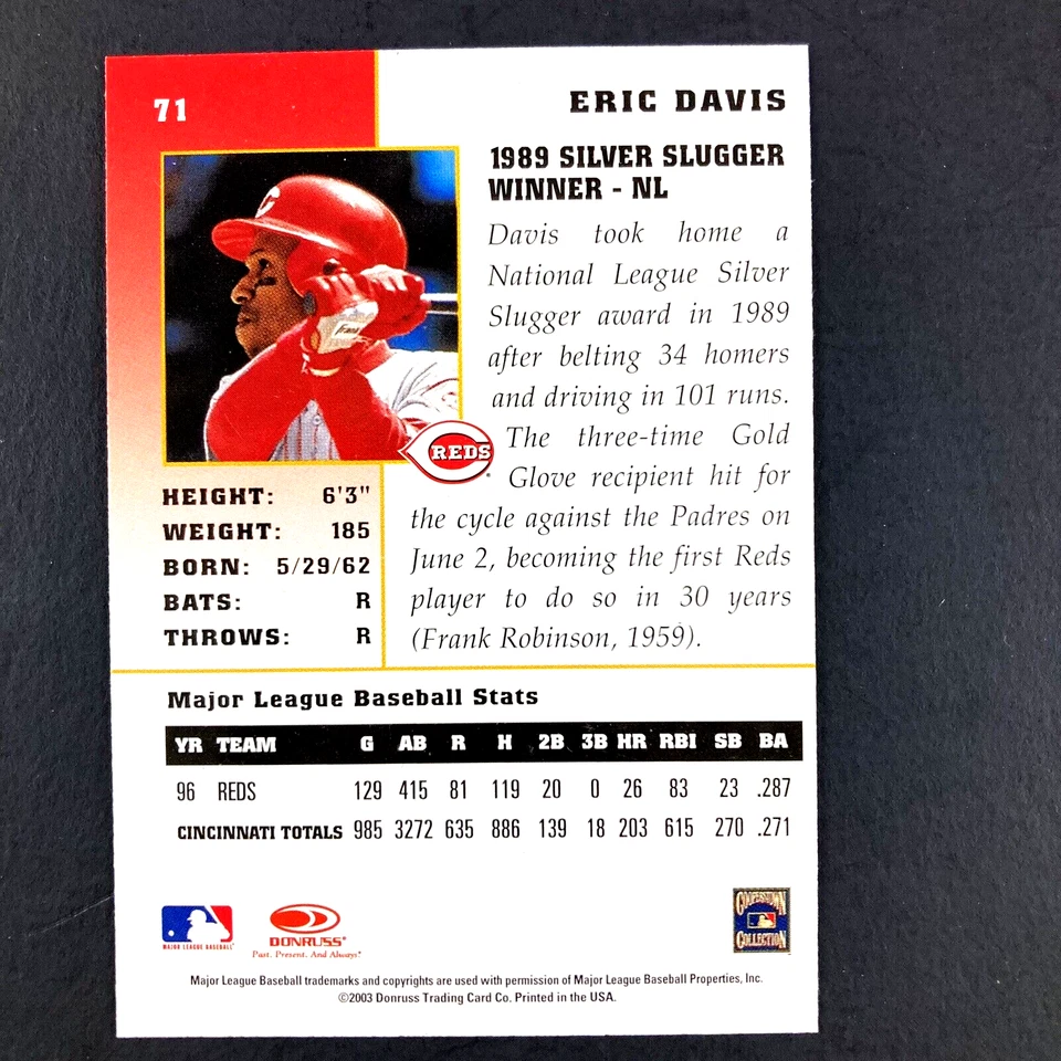 Eric Davis 2003 Donruss Champions Card #71 MLB Cincinnati Reds - Image 2 of 2