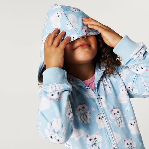 POSH PEANUT sz 7Y/8Y Dixie Kitty Blue Hoodie Zip front Jacket Cat Bamboo NEW - Picture 2 of 11