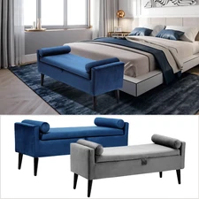 2022 New Modern Upholstered Storage Ottoman Bench with Arms & 2 Round Pillows 
