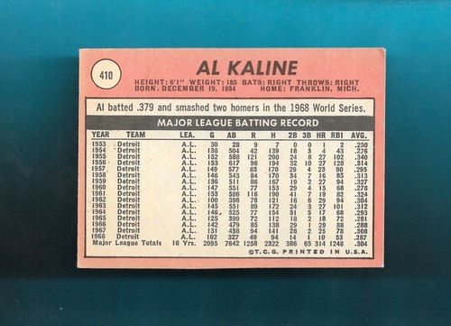 1969 Topps # 410 AL KALINE Detroit Tigers NO CREASES! - Picture 2 of 2