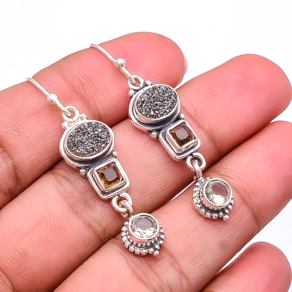 Black Titanium Agate Drusy & Smokey 925 Sterling Silver Bali Earring 1.76