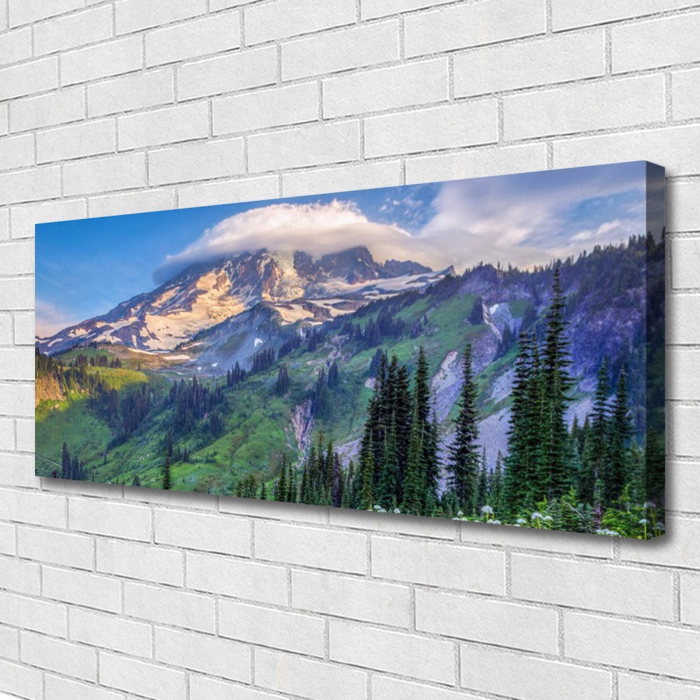 Impression sur toile paysage boisé décor de chalet alpin moderne 125x50cm