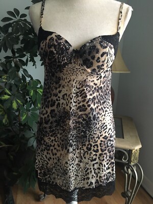 V S Animal Print Nightie 34B Black Lace Trim Around Bodice & Hem NWT