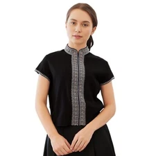 Embroidered Black & Silver Vintage Mandurian Collar Top Size M