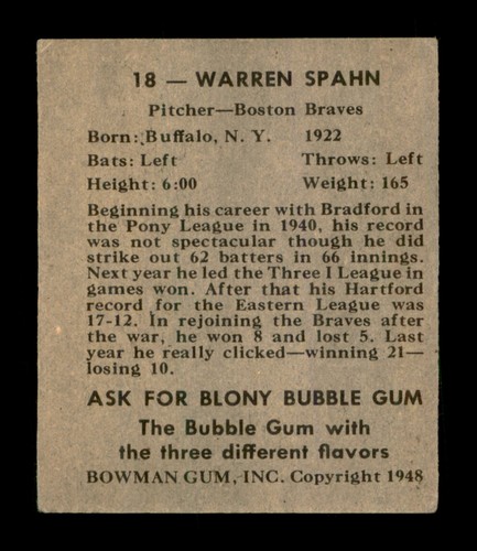 1948 Bowman #18 Warren Spahn RC Rookie Nice Color (wrinkle) - 第 2/2 張圖片