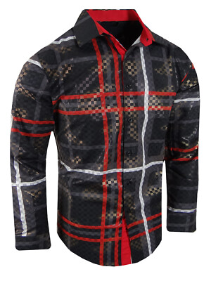 Designer Plaid Shirt Mens Luxury Shiny Gold Check Overlay Slim Stretch Button Up