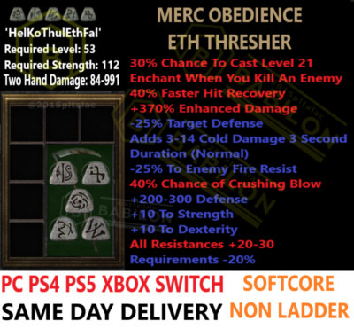  PC PS4 PS5 XBOX SWITCH   MERC OBEDIENCE ETH THRESHER DIABLO 2 RESURRECTED ITEMS