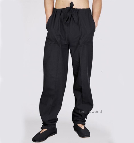 Black Cotton Casual Tai chi Kung fu Pants Martial arts Wing Chun Wushu Trousers - Picture 1 of 5