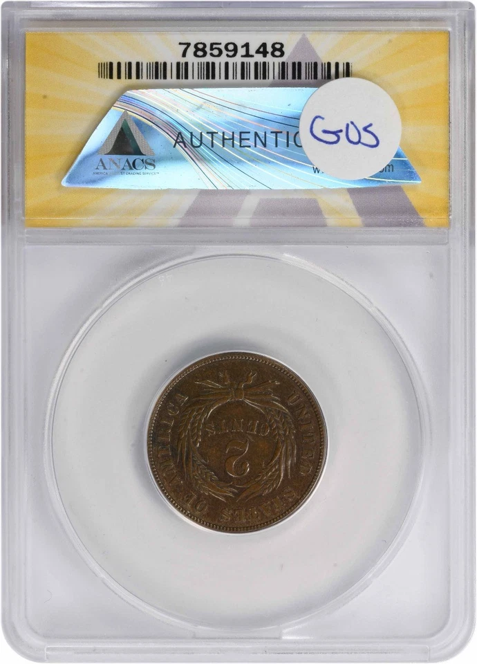 1868 Two Cent Piece AU50 ANACS - Image 2 of 2