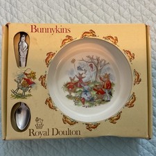 Vintage Royal Doulton Bunnykins Nursery Set with China Bowl and Silver Spoo