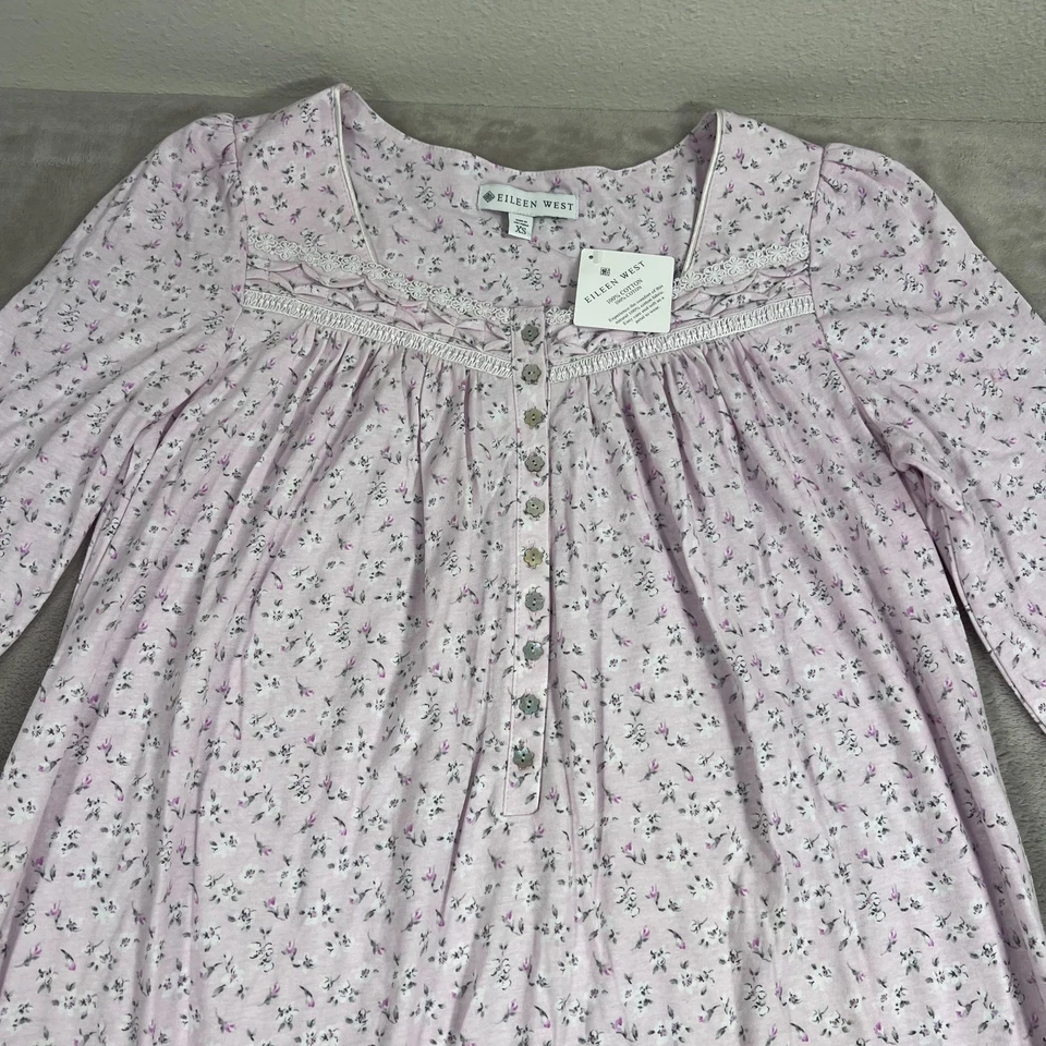 Vestido de Noche Eileen West Para Mujer XS Rosa Gris Floral Manga Larga Tejido Algodón NUEVO Foto 3 de 4