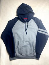 2009 Tommy Hilfiger Color Block Pullover Gray/Navy Hoodie Striped Sleeve Fleece