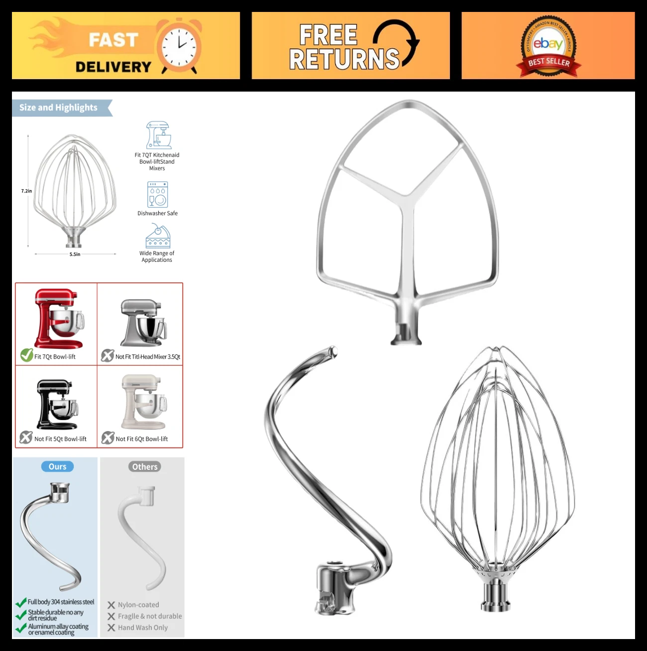 3-Piece Stainless Steel Mixer Attachment Set for 7QT Lift Bowl - Whisk, Beater,