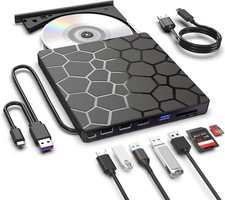 8 in 1 External CD DVD Drive USB 3.0 and Type-C Disc Reader Burner Player Opti