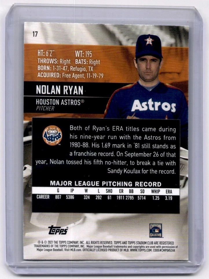 2021 Topps Stadium Club Black Foil Nolan Ryan Texas Rangers #17 - Image 2 of 2