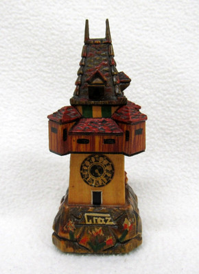 Vtg 1970s Carved Medieval Clock Tower Uhrturm Graz Austria Wooden Souvenir
