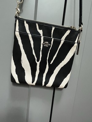 Coach Black & White Zebra Animal Print Zip Crossbody Bag Small, Gold HW