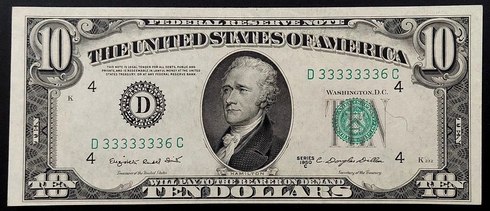 1950 C $10 FRN! AU! True Binary, Near Solid Serial # D33333336C!  Fr# 2013 D. - Image 2 of 4