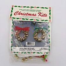 Merri Mac Christmas Kits Golden Jingle Bell Wreaths Ornaments Craft Kit NOS
