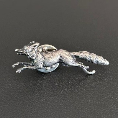 Vintage Detailed Silver Tone Leaping Fox Lapel Pin Running Animal Nature Jewelry
