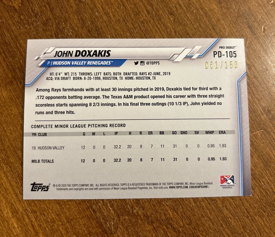 John Doxakis 2020 Topps Pro Debut Blue PD-105 Texas A&M Renegades Rays /150 - Image 2 of 2