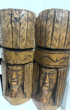 Hand Carved Wooden Tiki Masks Large Pair Wall Hangings 17 Inches Tall Vintage