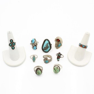 Southwest Sterling Silver Turquoise & Red Coral Rings Lot of 10 #S4601 4