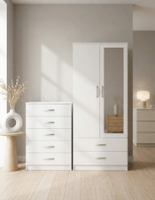 Ready Assembled White Bedroom Furniture Set Wardrobe with Mirror Drawers Chest