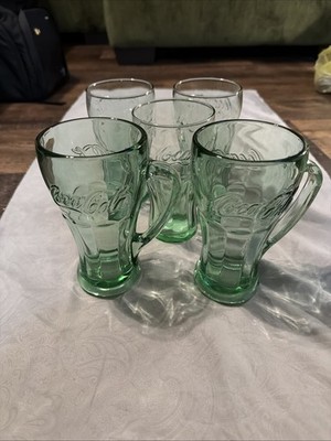 Vintage Coca Cola Glasses. 2 Heavy With Handle. 3 Glasses Without Handle.
