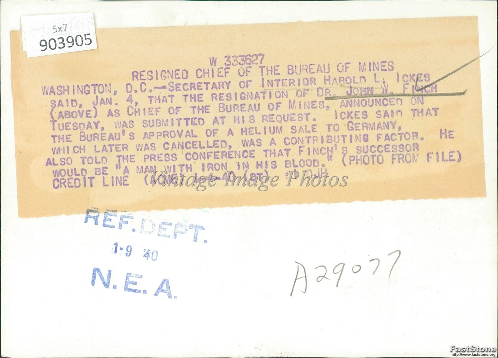 1940 Photo Dr John W Finch Resigned As Chief Of Bureau Of Mines Politics 5X7 - 画像2/2