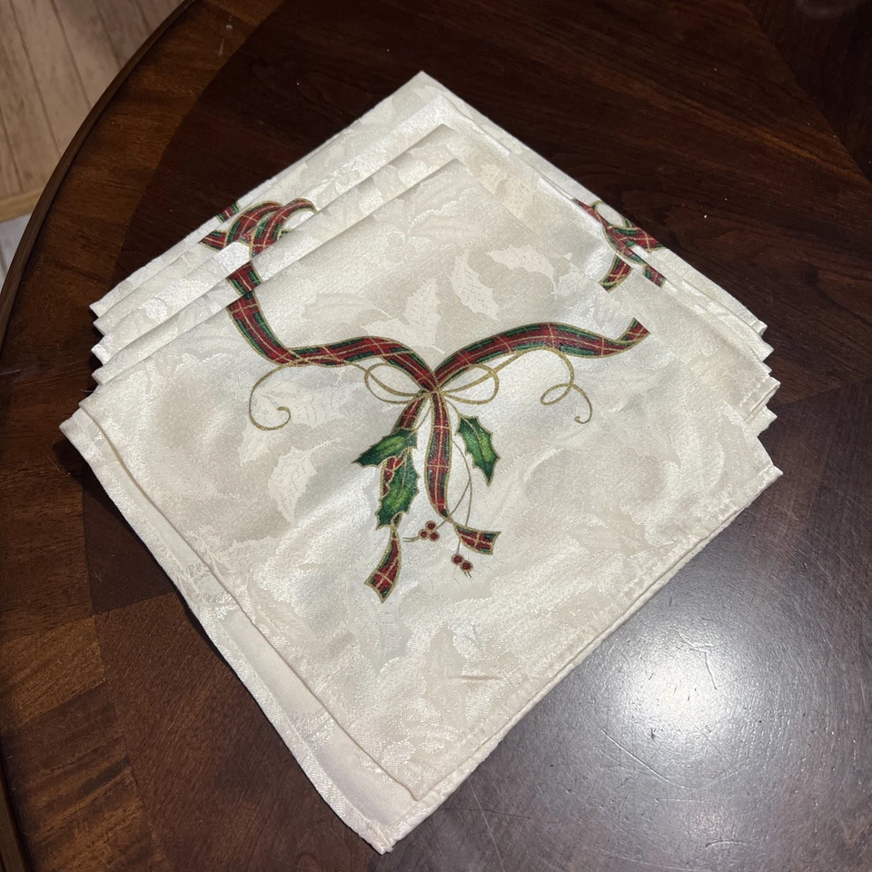 Juego de 4 servilletas de tela LENOX Holiday Nouveau Ribbon 19" cinta de acebo rojo marfil Foto 3 de 4