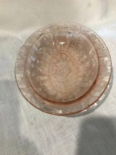 Jeanette Floral Pink Oval Serving Bowl, Vintage, Depression Glass 6 3/4" x 9"