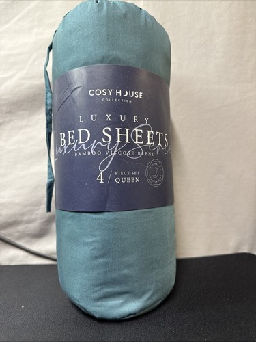 Cosy House Luxury Bamboo DARK TEAL QUEEN Sheet Set Hypoallergenic Corner Straps