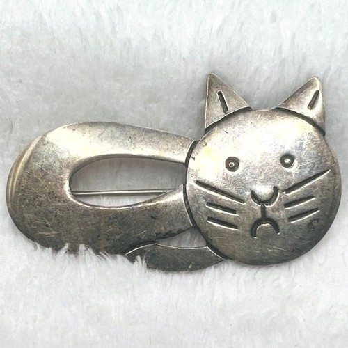 Taxco Mexico Sterling Silver Cat Brooch Kitten Feline TF55 BP3282 2.25X1.25" 17g