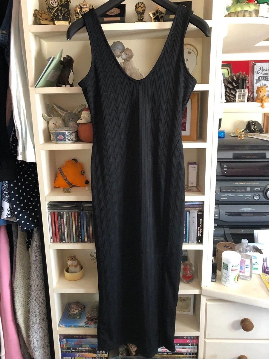 River Island Black Ribbed Bodycon MIDI Dress With Side Split Size