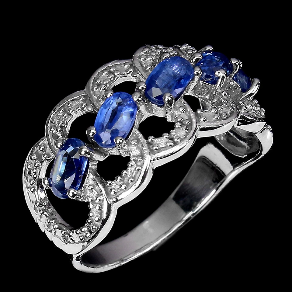 925 Anello Argento Sterling Ovale Cianite Zaffiro Naturale Gemma Misura 7.5 - Immagine 2 di 4