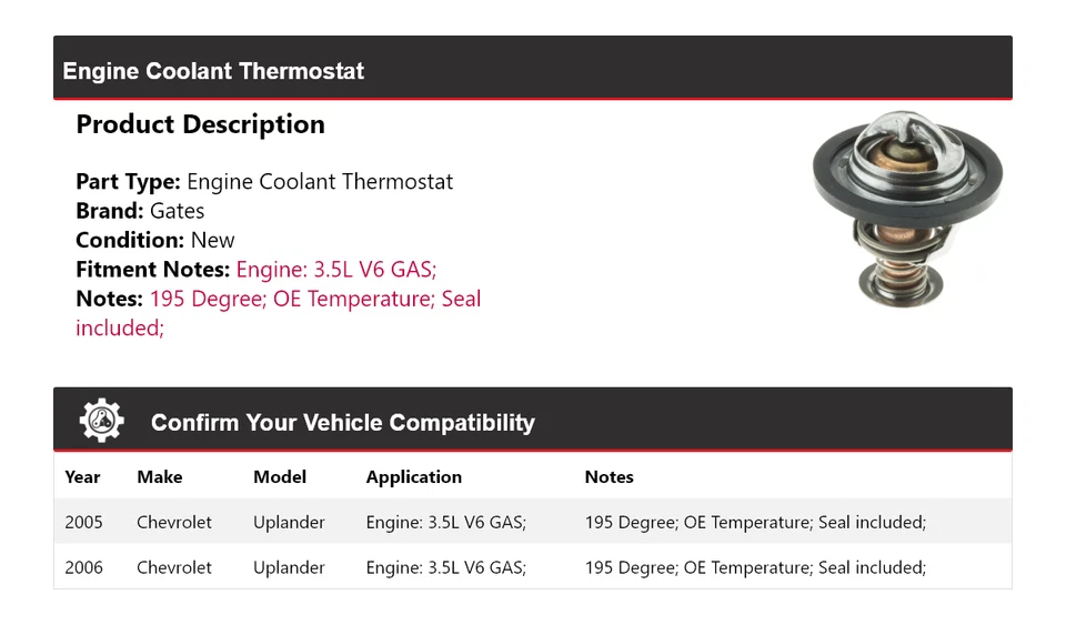 Para Chevrolet Uplander 2005-2006 3,5 L V6 motor gas refrigerante termostato puertas Foto 2 de 4