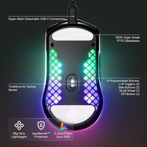 SteelSeries Aerox 3 Super Light Honeycomb WIRED RGB Optical Gaming Mouse - Black - Picture 3 of 6